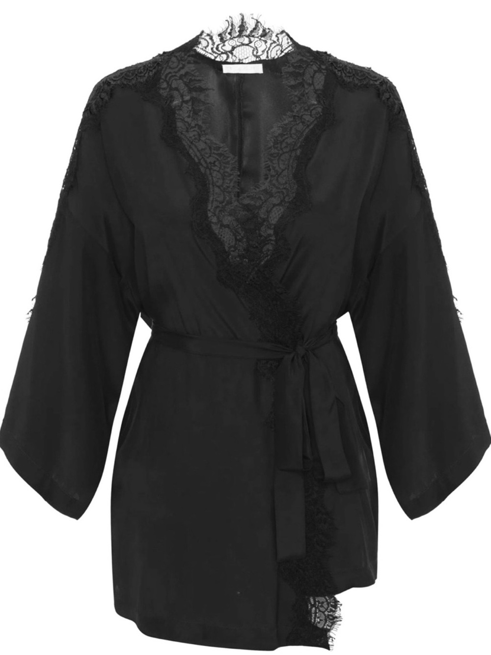 Gold Hawk Silk Lace-Trim Kimono Shrug Wrap Robe Top Black